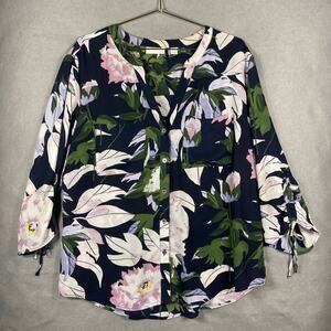 New York and Company Womens Button up Long Sleeve Floral Print Henley Blouse XL